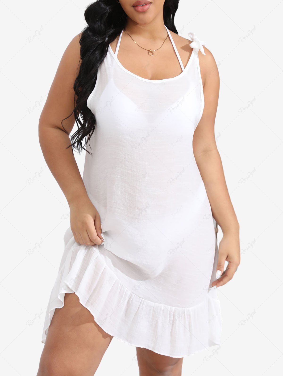 New Plus Size Cut Out Panel Back Tied Semi-Sheer Ruffles Solid Beach Cover  