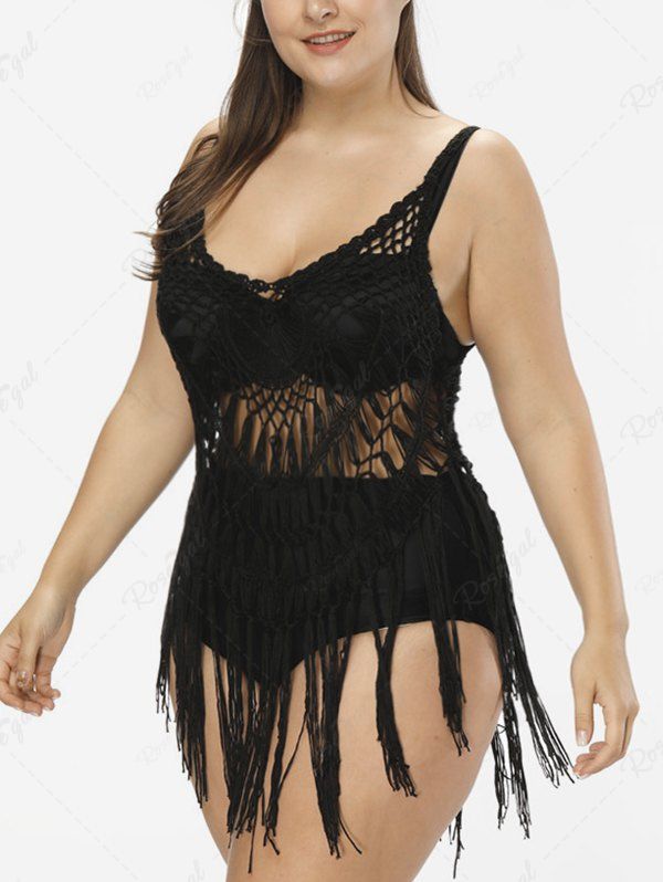 Latest Plus Size Hollow Out Crochet Tassel Solid Beach Cover Up  