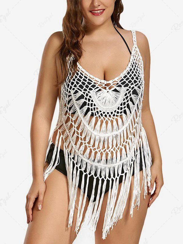 Outfits Plus Size Hollow Out Crochet Tassel Solid Beach Cover Up  