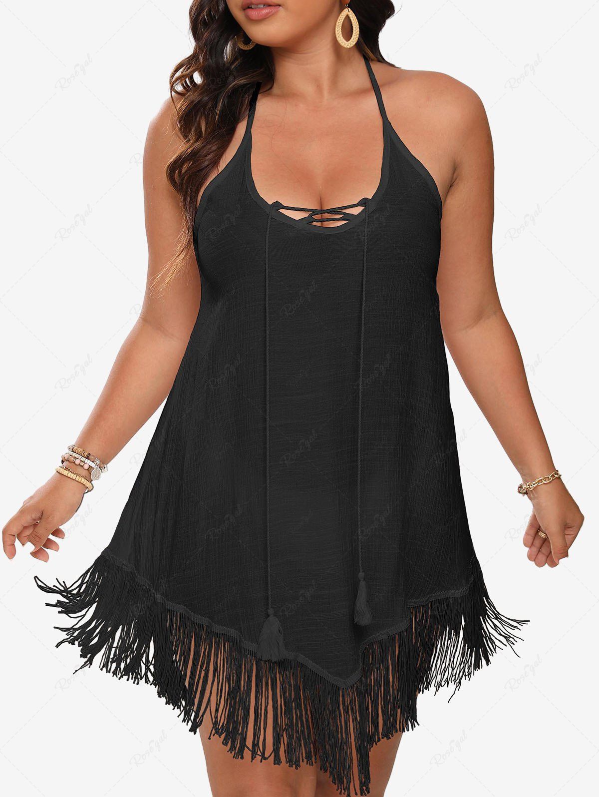 Best Plus Size Lace Up Braided Tassel Trim Solid Semi-sheer Halter Backless Peplum Beach Cover Up  