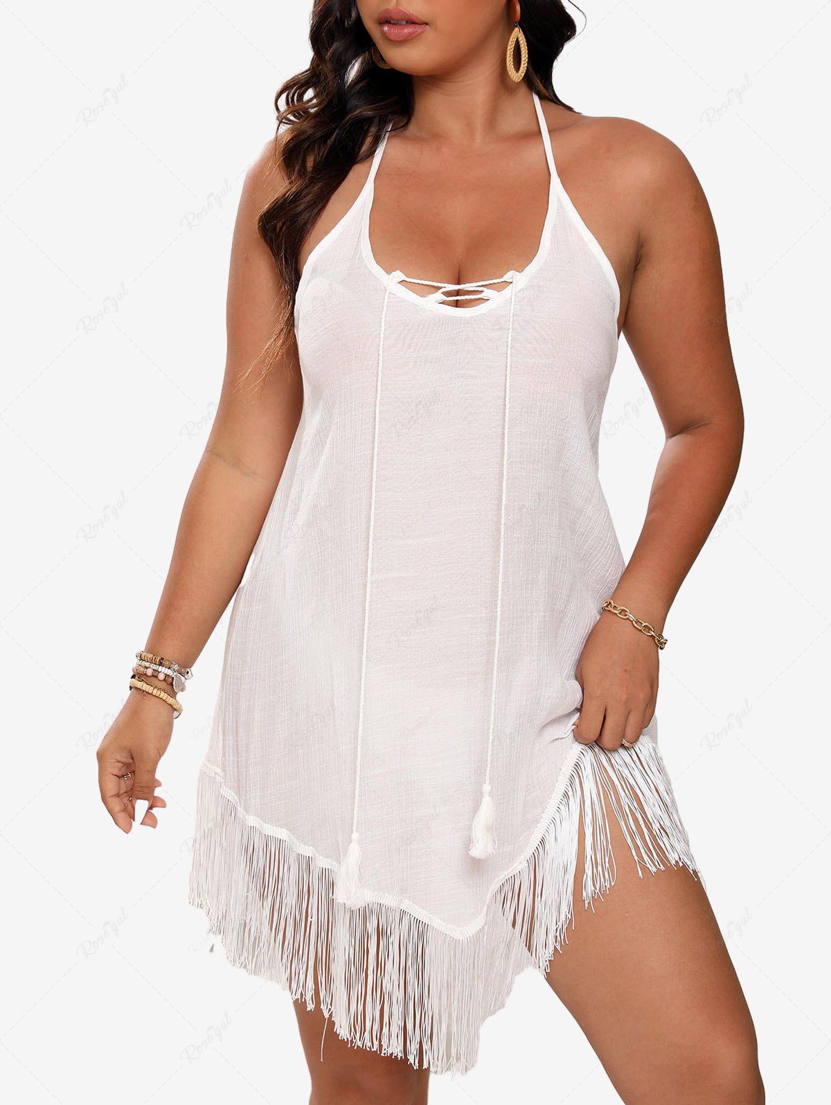 Fancy Plus Size Lace Up Braided Tassel Trim Solid Semi-sheer Halter Backless Peplum Beach Cover Up  