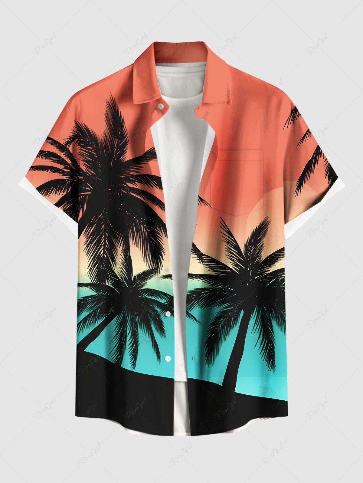 New Plus Size Coconut Tree Ombre Sun Print Hawaii Button Pocket Shirt For Men  
