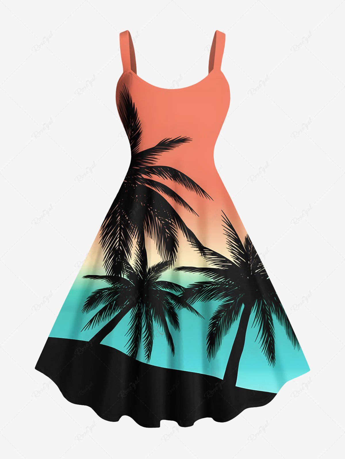Trendy Plus Size Coconut Tree Ombre Sun Print Hawaii A Line Tank Dress  