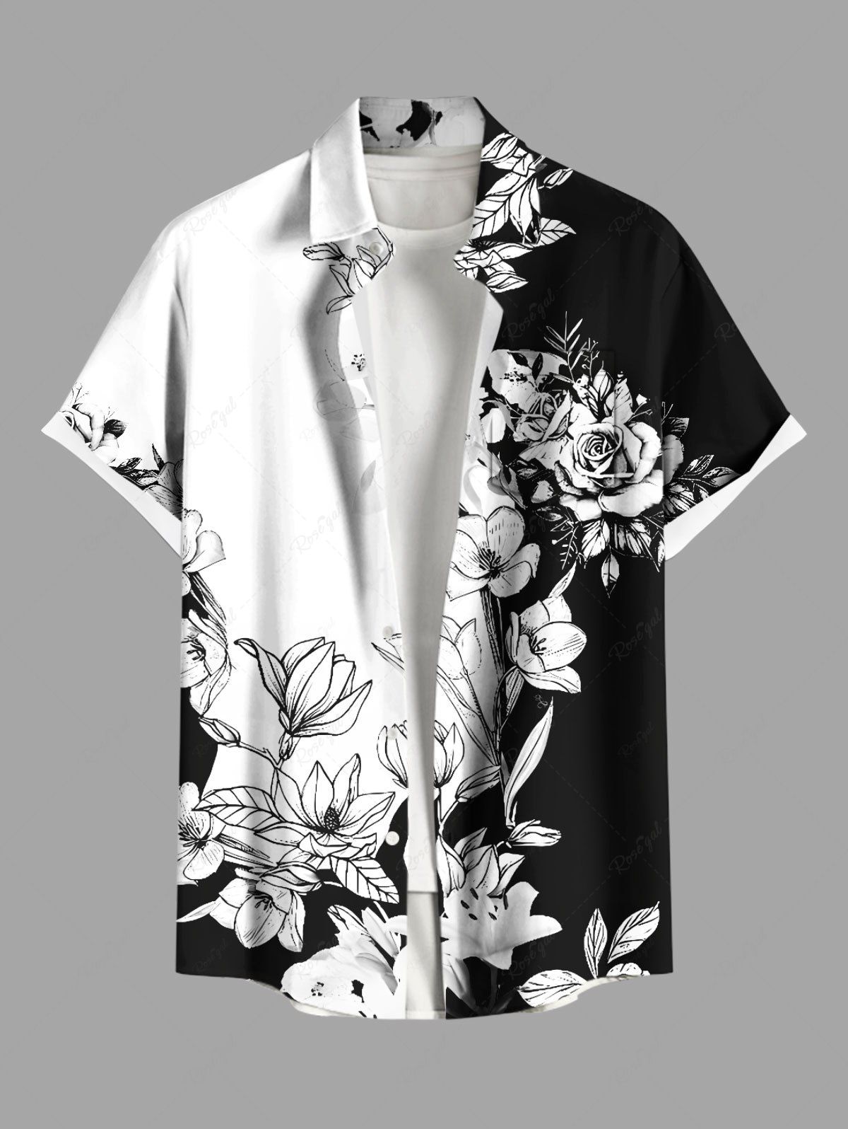 Unique Plus Size Rose Flower Leaf Two Tone Print Hawaii Buttons Pocket Shirt For Men  