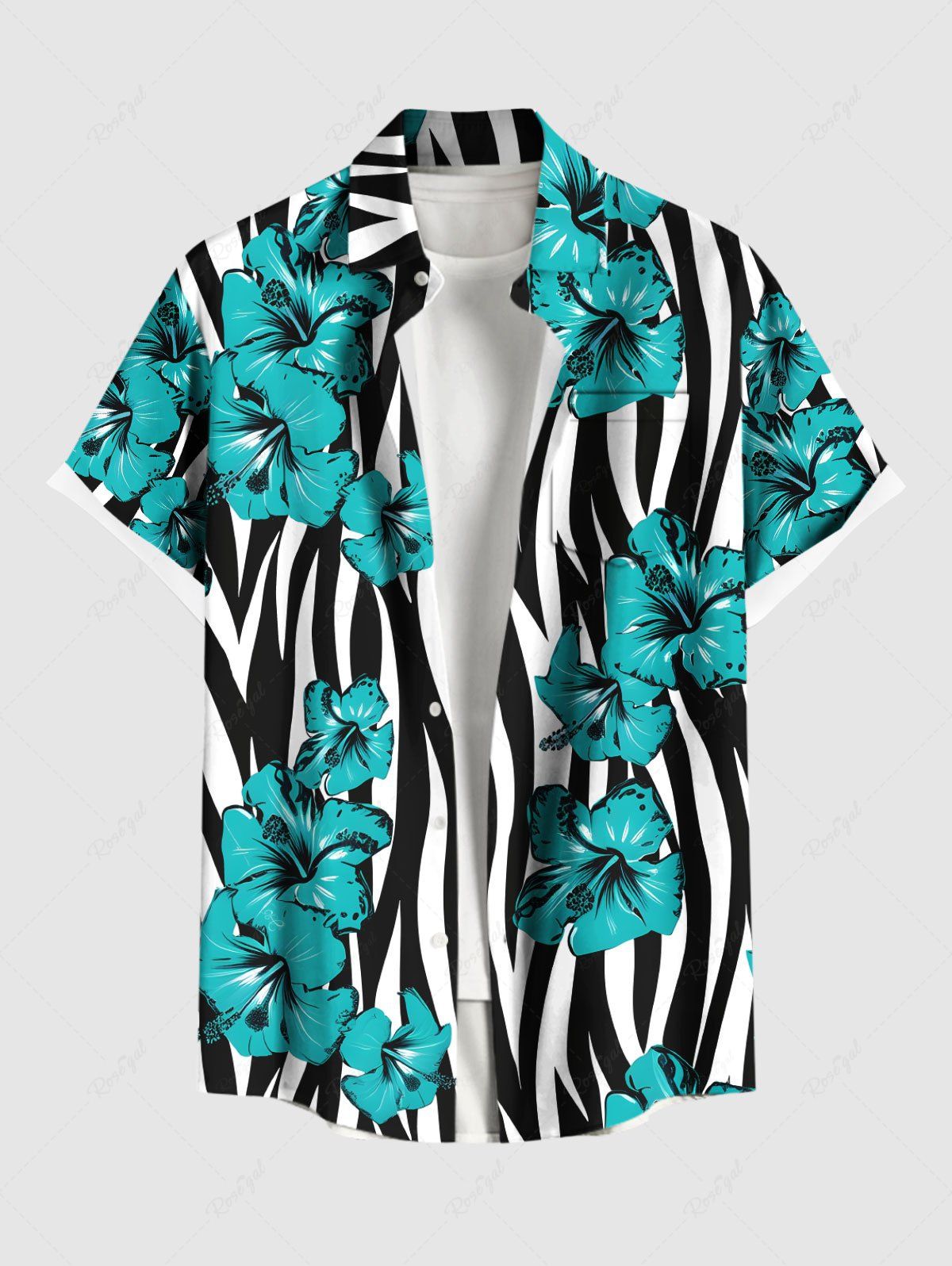 Fashion Plus Size Floral Zebra Striped Print Hawaii Button Pocket Shirt For Men  