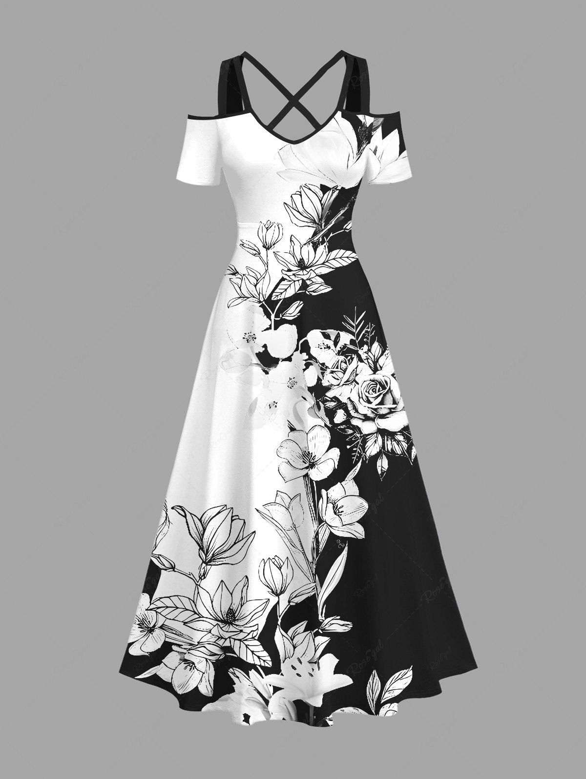 Sale Plus Size Rose Flower Leaf Two Tone Print Hawaii Cold Shoulder Crisscross A Line Maxi Dress  