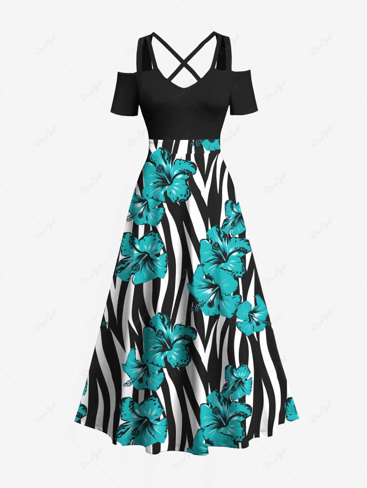 Shops Plus Size Floral Zebra Striped Print Hawaii Cold Shoulder Crisscross A Line Maxi Dress  
