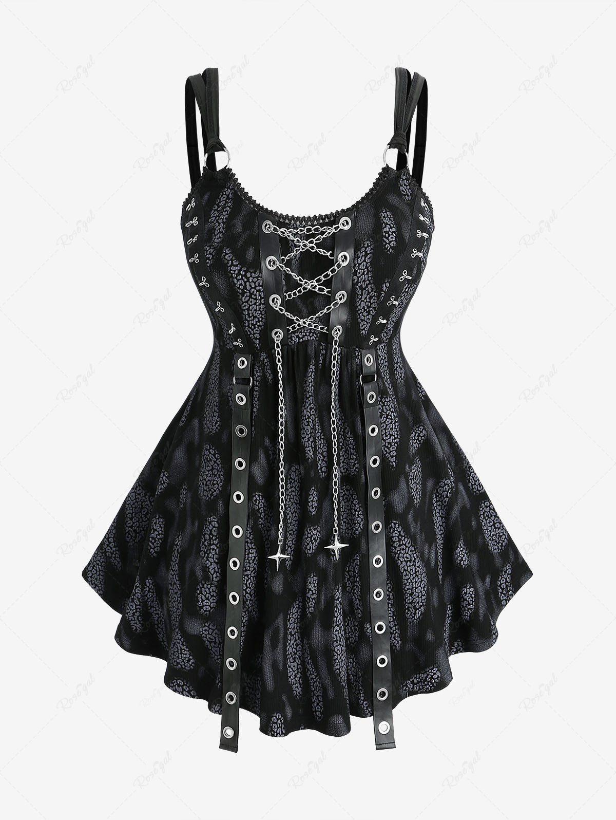 Sale Plus Size Leopard Print Lace Trim Grommets Chains Lace-up Tank Top  