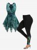 Butterfly Flowers Leaf Flocking Ruched Surplice Lace Up Asymmetrical Tank Top and Skinny Leggings Plus Size Outfit -  