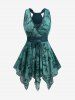 Butterfly Flowers Leaf Flocking Ruched Surplice Lace Up Asymmetrical Tank Top and Skinny Leggings Plus Size Outfit -  