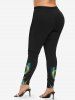 Butterfly Flowers Leaf Flocking Ruched Surplice Lace Up Asymmetrical Tank Top and Skinny Leggings Plus Size Outfit -  