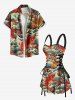 Robe Hawaï Feuille de Poisson et Océan Imprimés à Lacets - Rouge S