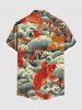 Plus Size Fish Sea Waves Leaf Print Buttons Pocket Hawaii Shirt For Men -  