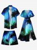 Plus Size Coconut Tree Ombre Aurora Galaxy Print Hawaii Drawstring Beach Shorts For Men -  