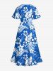 Plus Size Tropical Flowers Leaf Print Split Hawaii Midi Dress -  