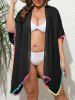 Plus Size Colorful Ombre Tassel Pom Pom Decor Trim Split Side Solid Semi-sheer Beach Cover -  