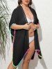 Plus Size Colorful Ombre Tassel Pom Pom Decor Trim Split Side Solid Semi-sheer Beach Cover -  