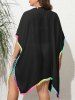 Plus Size Colorful Ombre Tassel Pom Pom Decor Trim Split Side Solid Semi-sheer Beach Cover -  