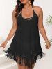 Plus Size Lace Up Braided Tassel Trim Solid Semi-sheer Halter Backless Peplum Beach Cover Up -  
