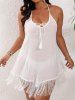 Plus Size Lace Up Braided Tassel Trim Solid Semi-sheer Halter Backless Peplum Beach Cover Up -  