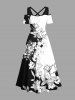 Plus Size Rose Flower Leaf Two Tone Print Hawaii Cold Shoulder Crisscross A Line Maxi Dress -  