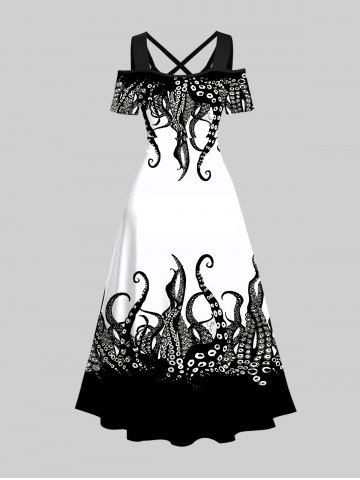 Octopus Two Tone Print Plus Size Matching Dress and Shirt For Couples