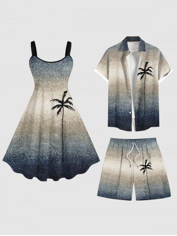 Ombre Colorblock Coconut Tree Print Plus Size Matching Hawaii Beach Outfit For Couples - GRAY