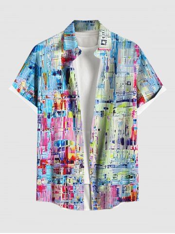 Chemise Décontractée Peinture à L'Huile en Blocs de Couleurs avec Bouton de Grande Taille pour Homme