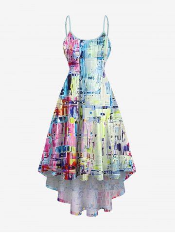 Plus Size Oil Painting Colorblock Print Hawaii High Low Cami Dress - MULTI-A - 2X