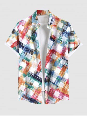 Plus Size Colorful Painting Geometric Plaid Print Hawaii Button Pocket Shirt For Men - MULTI-A - XL
