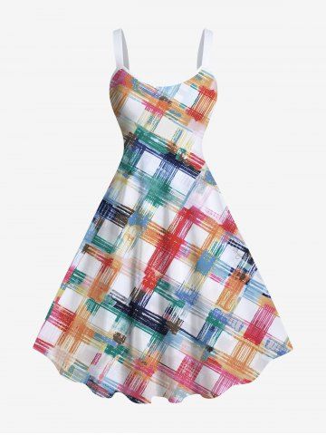 Plus Size Colorful Painting Geometric Plaid Print Hawaii B A Line Tank Dress - MULTI-A - 1X