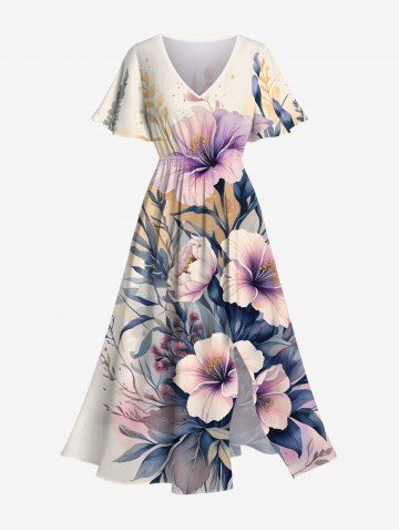 Plus Size Hibiscus Flowers Leaf Print Split Hawaii Midi Dress - LIGHT COFFEE - 3X