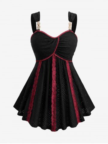 Plus Size Pointelle Jacquard Hollow Out Contrast Piping Lace Trim Two Tone Tank Top - BLACK - 3X | US 22-24