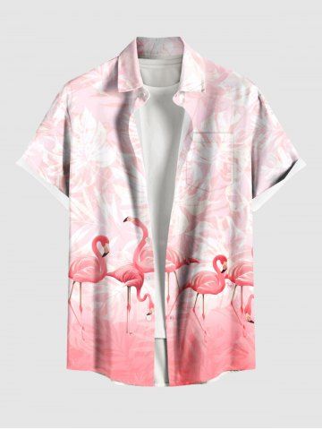 Plus Size Flamingo Tropical Leaf Ombre Print Buttons Pocket Hawaii Shirt For Men - LIGHT PINK - 5XL