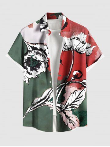 Plus Size Flower Leaf Painting Print Hawaii Button Pocket Shirt For Men - GREEN - M