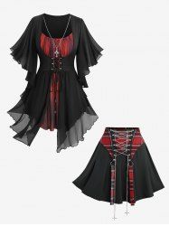 Lace Up Chain Ombre Asymmetrical Butterfly Sleeves T-shirt and Plaid Print Skirt Plus Size Outfit -  