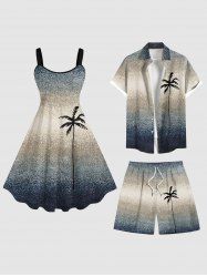 Ombre Colorblock Coconut Tree Print Plus Size Matching Hawaii Beach Outfit For Couples -  