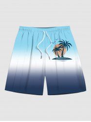 Plus Size Coconut Tree Sun Ombre Colorblock Print Hawaii Beach Shorts For Men -  