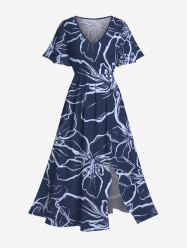Robe D'Hawaii Mi-Longue Fendue Fleur D'Hibiscus et Peinture Imprimés de Grande Taille - Bleu S