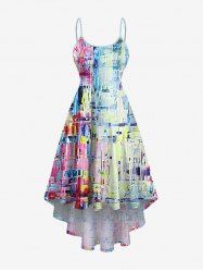 Plus Size Oil Painting Colorblock Print Hawaii High Low Cami Dress -  