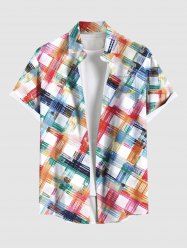 Plus Size Colorful Painting Geometric Plaid Print Hawaii Button Pocket Shirt For Men -  