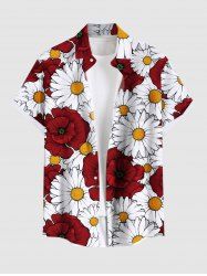 Plus Size Daisy Flower Print Hawaii Button Pocket Shirt For Men -  
