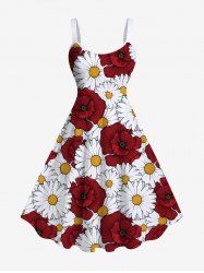 Robe Ligne A Fleur Marguerite Imprimée de Grande Taille - Rouge 5X