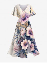 Plus Size Hibiscus Flowers Leaf Print Split Hawaii Midi Dress -  