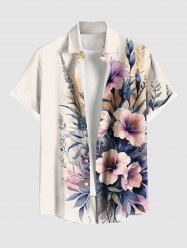 Plus Size Hibiscus Flowers Leaf Print Buttons Pocket Hawaii Shirt For Men -  