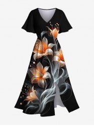 Robe Mi-Longue 3D Feuille et Fleur Imprimées de Grande Taille à Paillettes - Noir M