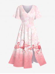 Robe mi-longue hawaïenne fendue à imprimé flamant rose tropical et feuilles ombrées, grande taille - Rose clair XS