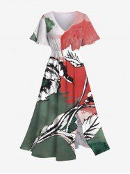 Plus Size Flower Leaf Painting Print Hawaii Split Pocket A Line Midi Dress -  