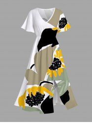 Plus Size Sunflower Floral Leaf Colorblock Print Hawaii Split Pocket A Line Midi Dress -  