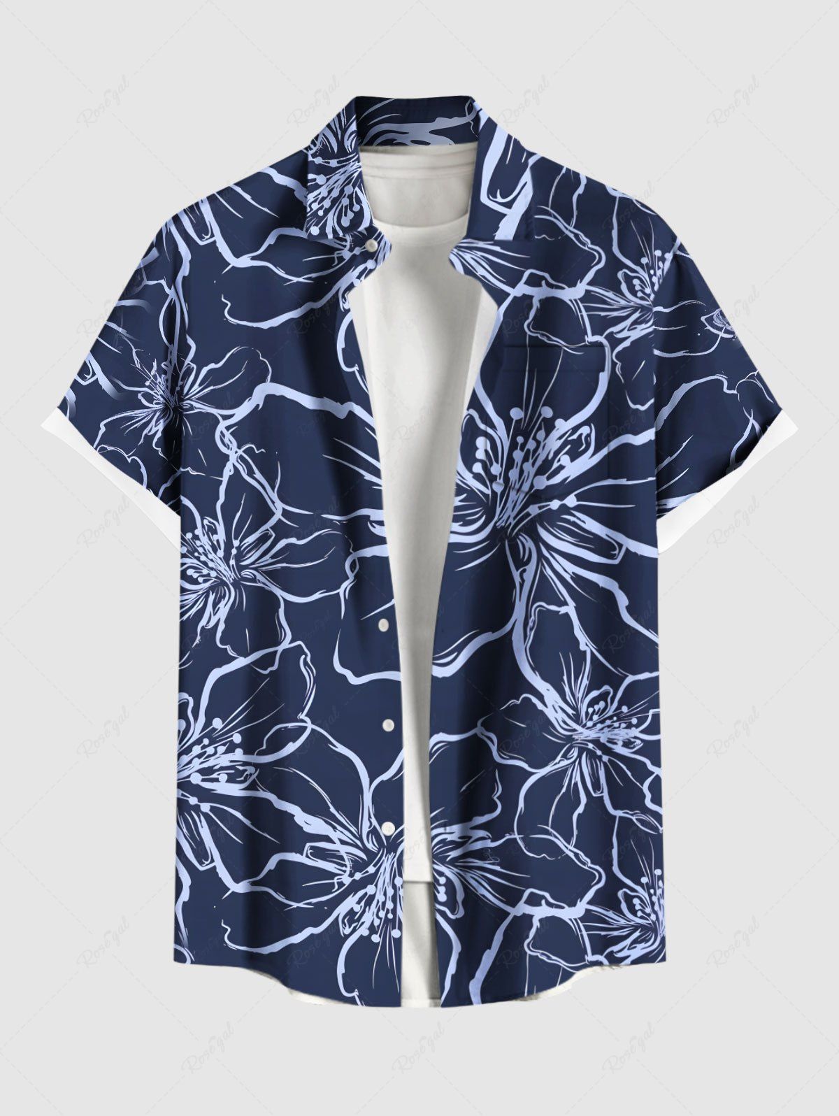 Sale Plus Size Hibiscus Flower Hand Painting Print Buttons Pocket Hawaii Shirt For Men  